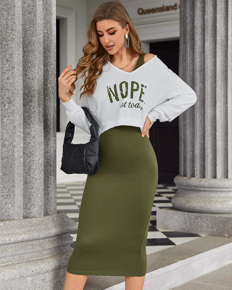 

Sleeveless Dress & Nope Not Today Print Top Set, Army green