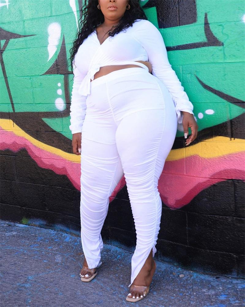 

Plus Size Tied Detail Wrap Top & Ruched Pants Set, White