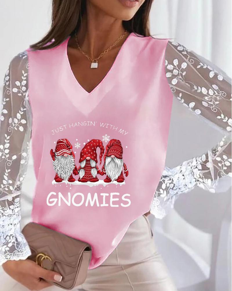 

Christmas Gnome Print Contrast Lace Long Sleeve Top, Pink