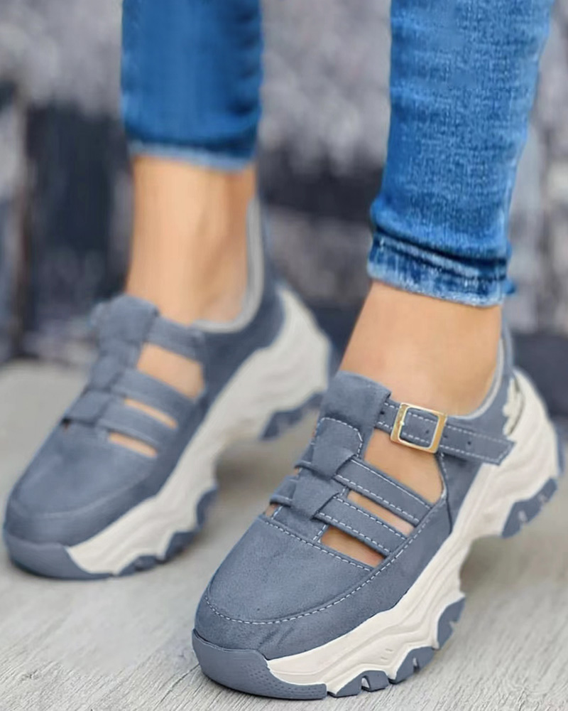 

Hollow Out Buckled Breathable Sneakers, Blue