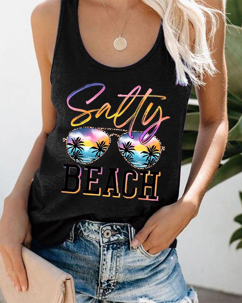 

Sunglasses Beers Coconut Tree Landscape Print Graphic Tee Summer Beach Vest Tank Top, Black