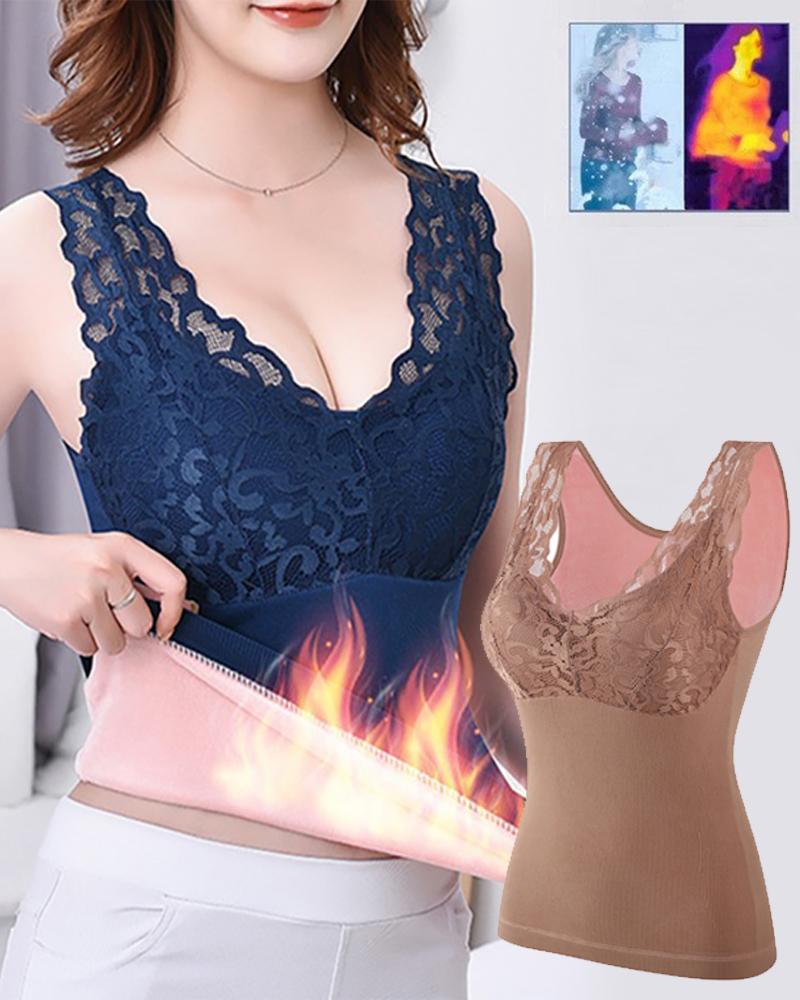 

U Neck Lace Trim Padded Vest Thermal Underwear Base Shirt, Blue