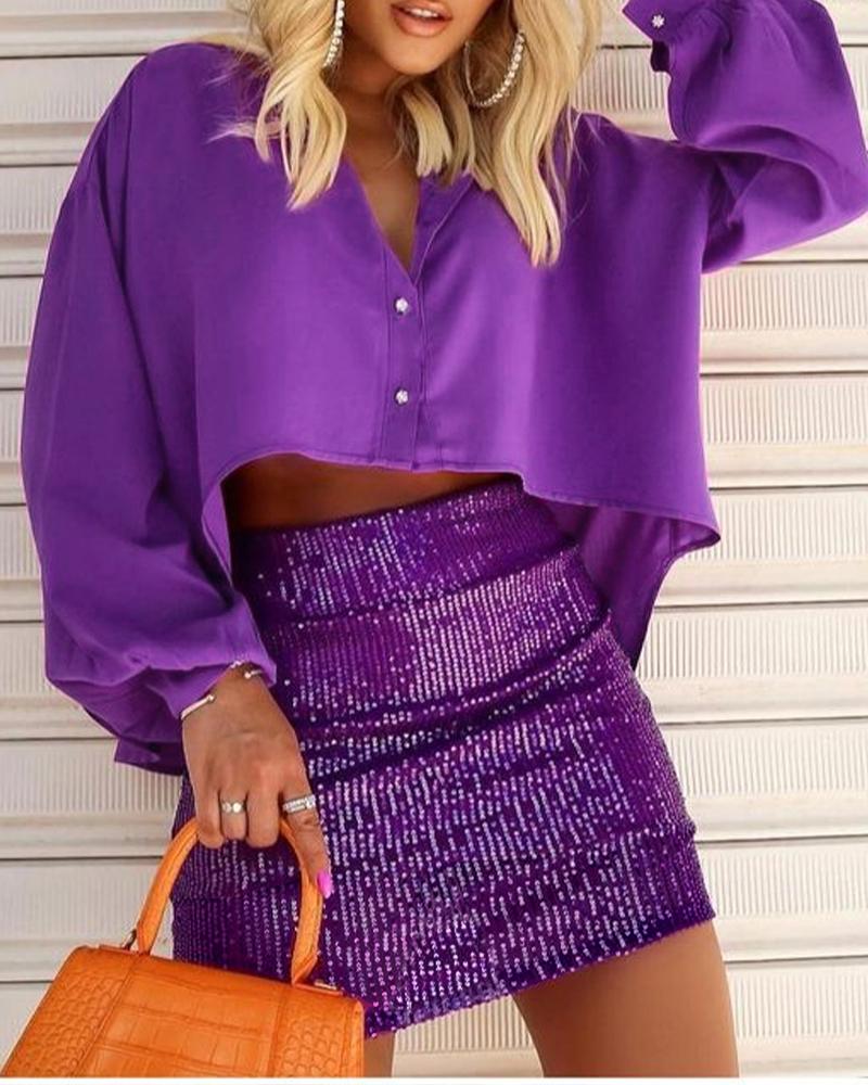 

Lantern Sleeve High Low Hem Shirt & Sequin Skirt Set, Purple
