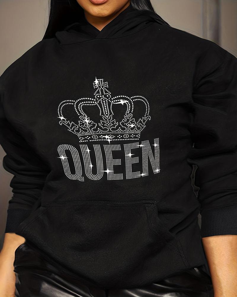 

Plus Size Rhinestone Crown Queen Letter Pattern Hoodie, Black