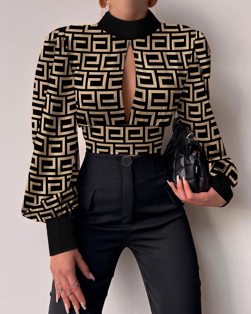 

Geometric Print Tied Detail Backless Puff Lantern Sleeve Top, Black