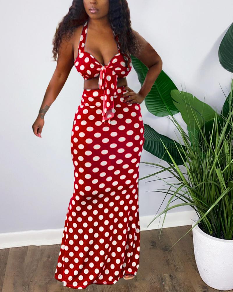 

Dot Print Sleeveless Loose Strap Long Dress, Red
