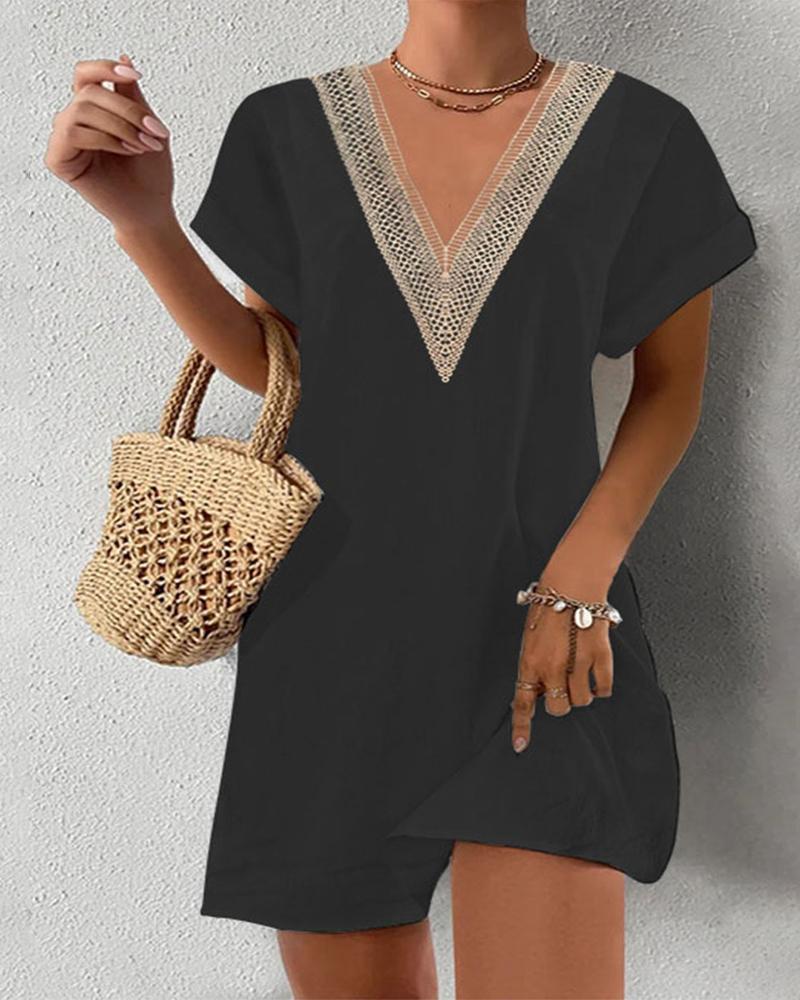 

Lace Patch Short Sleeve Casual Dress, Black