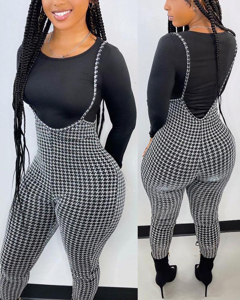 

Houndstooth Print Skinny Suspender Jumpsuit, Style1