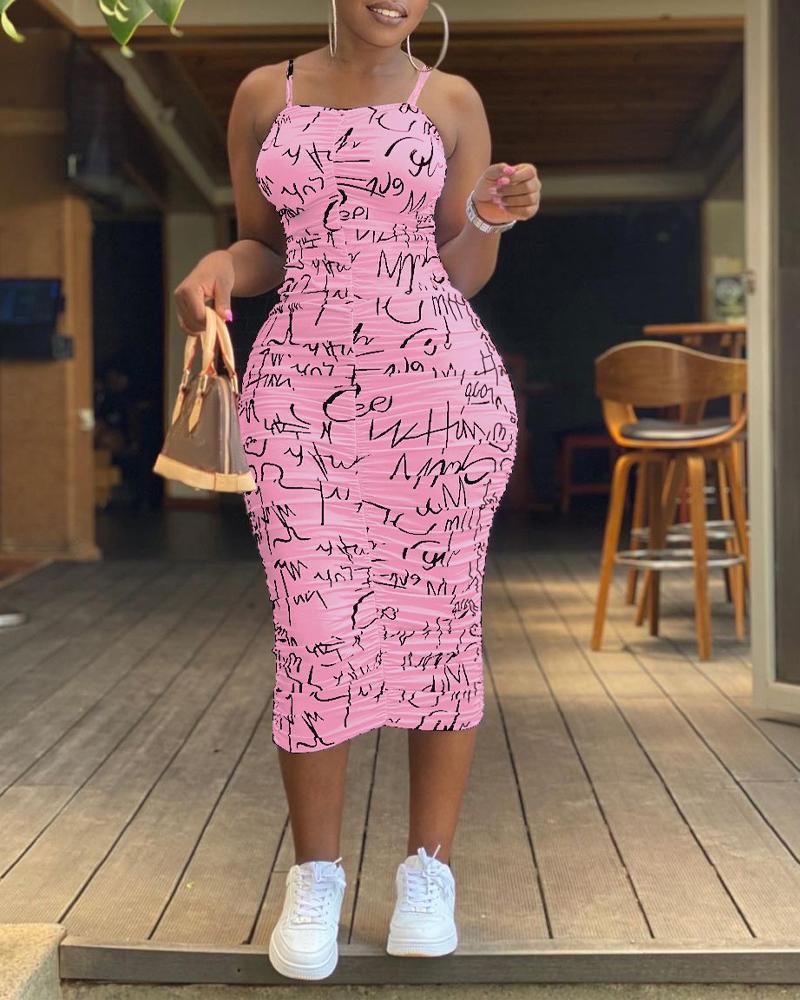 

Letter Print Ruched Bodycon Dress, Pink