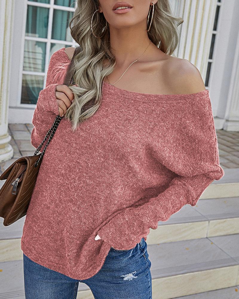 

Plain Log Sleeve One Shoulder Sweater, Pink