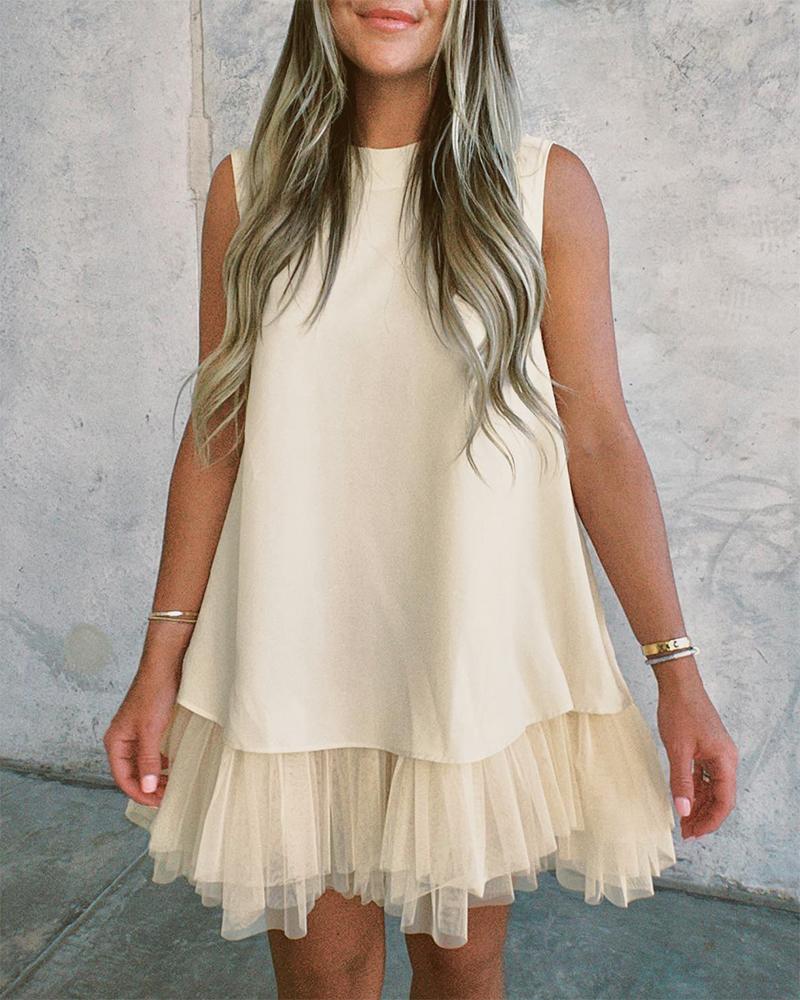 

Contrast Mesh Sleeveless Swing Dress, Apricot