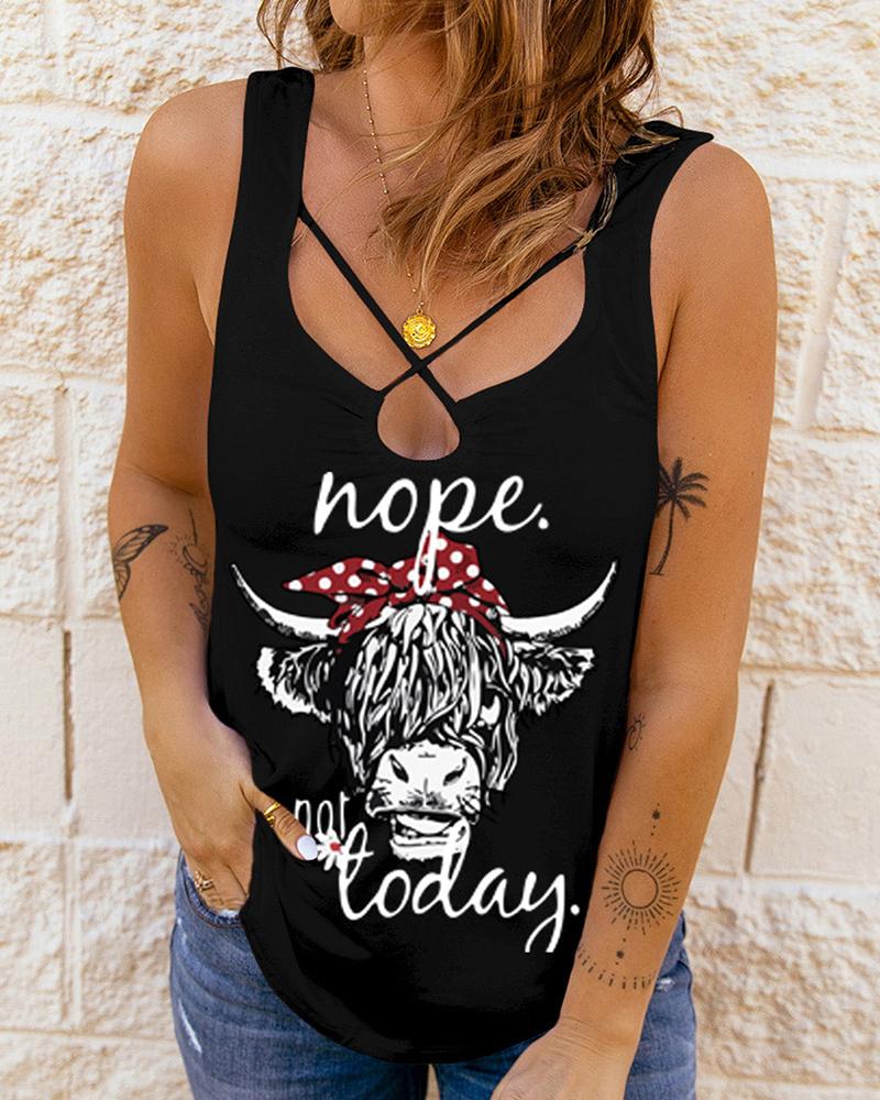 

Cross Strap Slogan Highland Cattle Print Sleeveless Tank Top, Black