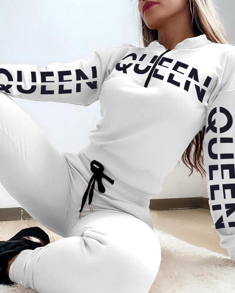 

Letter Print Zipper Design Top & Drawstring Pants Set, White