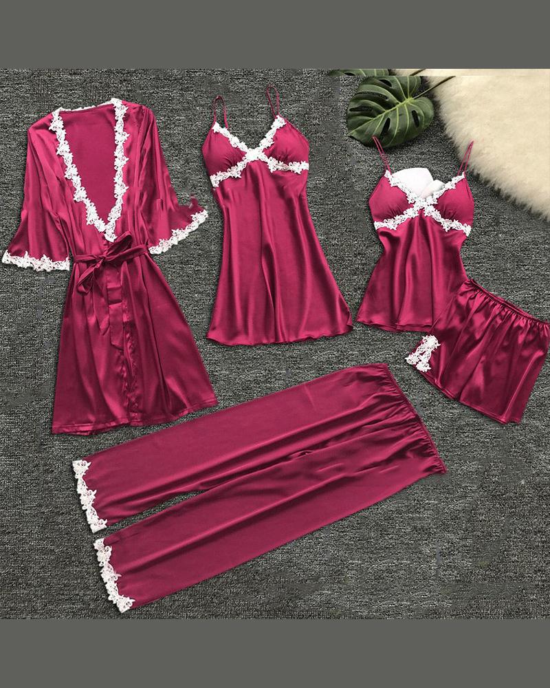 

Eyelash Lace Cami & Robe 5PCS Set, Wine red