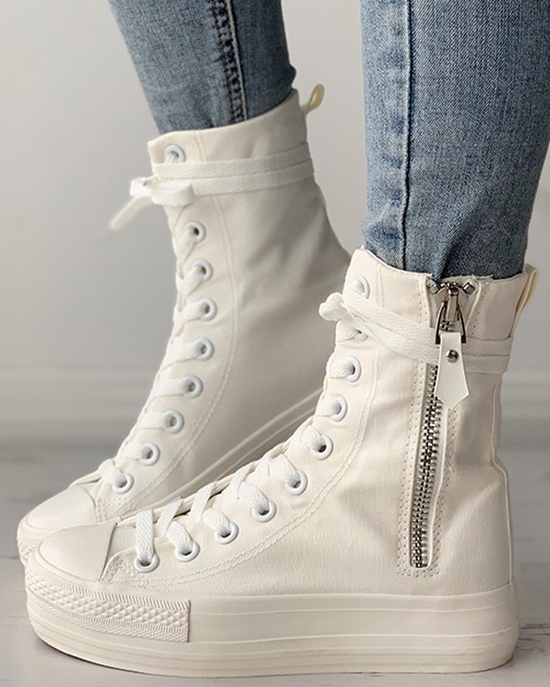 

High Top Zipper Design Eyelet Lace-up Canvas Shoes, White