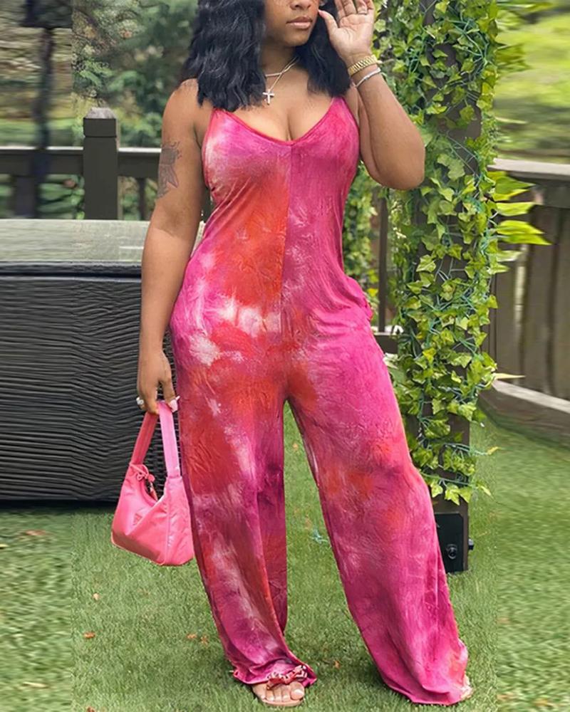 

Tie Dye Print Spaghetti Strap Jumpsuit, Red
