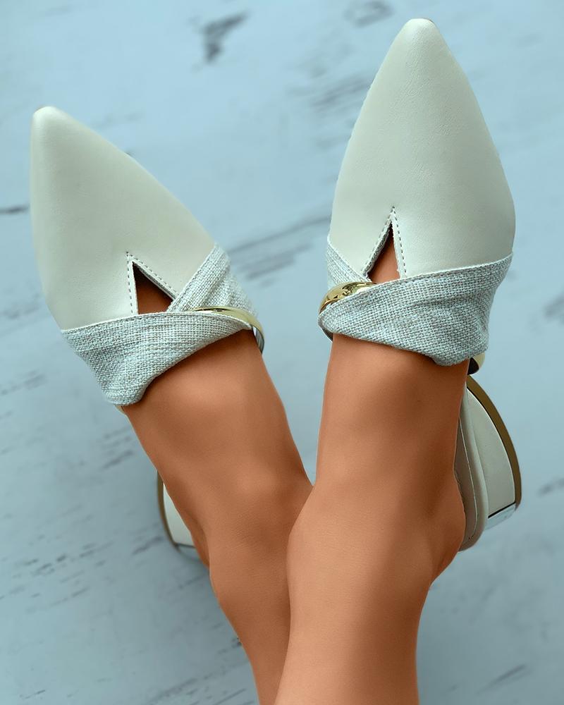 

Pointed Toe Metal Decor Cutout Slippers, Beige