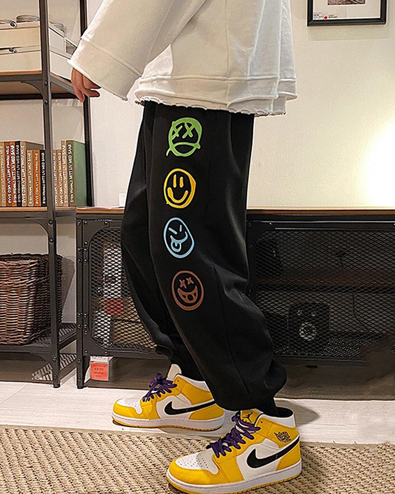 

Cartoon Face Print Baggy Sweatpants, Black