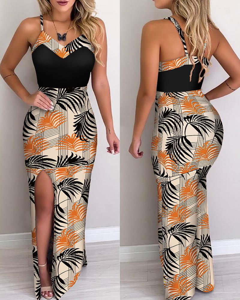 

Tropical Print High Slit Maxi Dress, Black