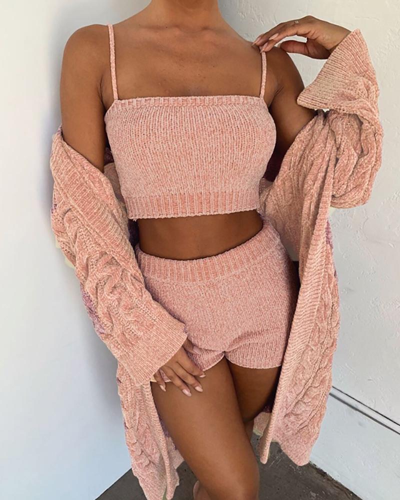 

Spaghetti Strap Knitting Tank & Shorts Sets, Pink
