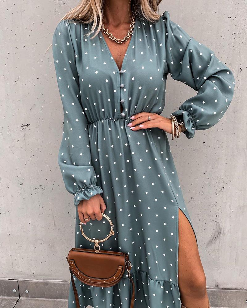 

Dot Print High Slit Button Design Ruffles Dress, Green