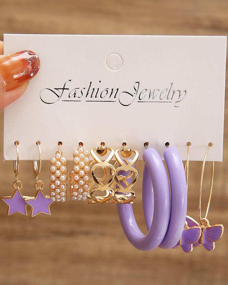 

5pair Star Butterfly Pattern Hoop Drop Earrings Set, Purple