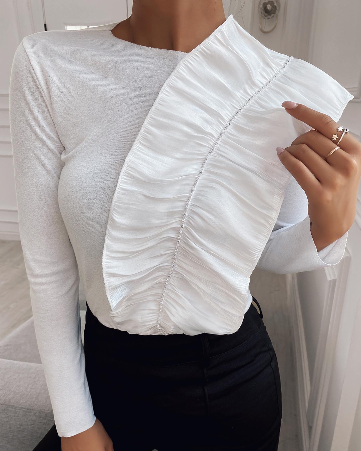 

Ruched Strap Patch Long Sleeve Top, White