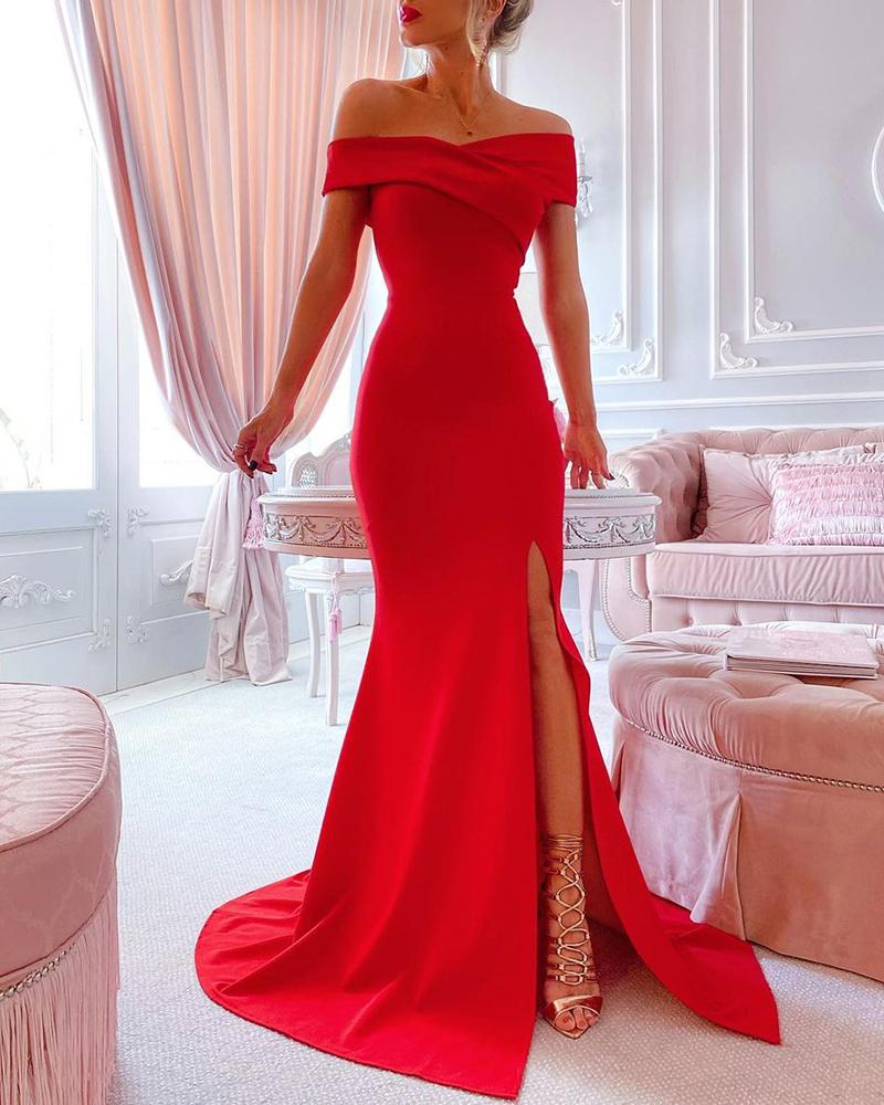 

Off Shoulder Slit Evening Mermaid Dress, Red