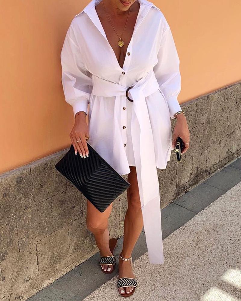 

Lantern Sleeve Buttoned Tied Detail Shirt Dress, White