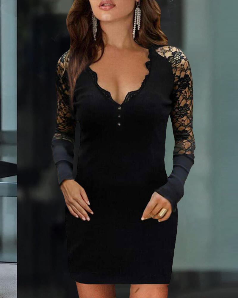 

Contrast Lace Long Sleeve Bodycon Dress, Black