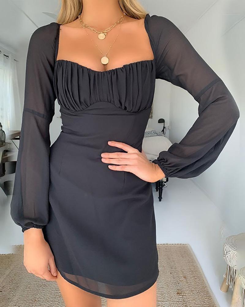 

Low Cut Long Sleeve Knotted Ruched Dress, Black