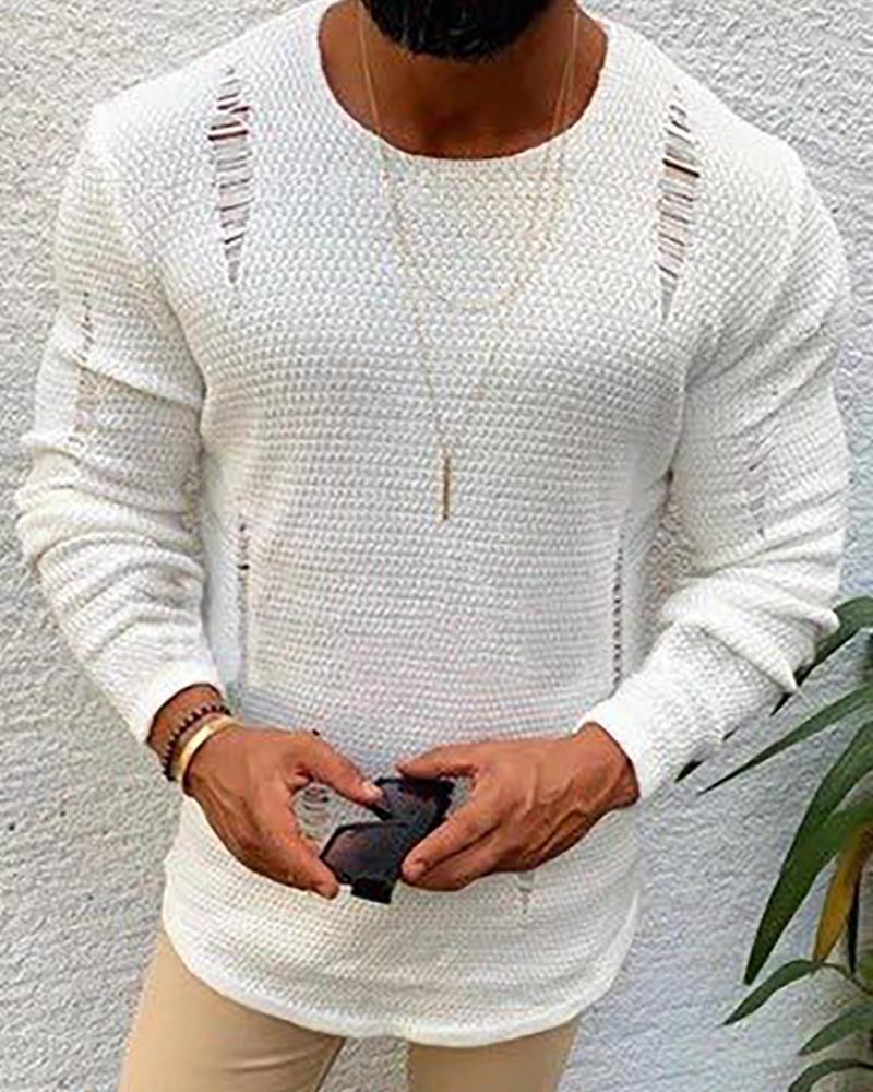 

Men Plain Long Sleeve Hollow Out Sweater, White