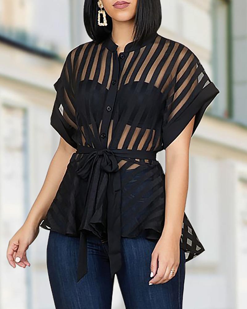 

Striped See Through Buttoned Tied Waist Shirt, Black