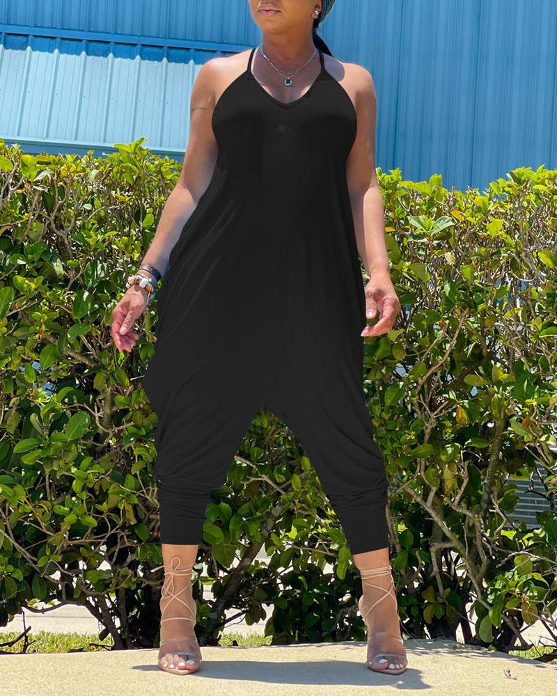 

V-Neck Sleeveless Casual Harem Jumpsuit, Black