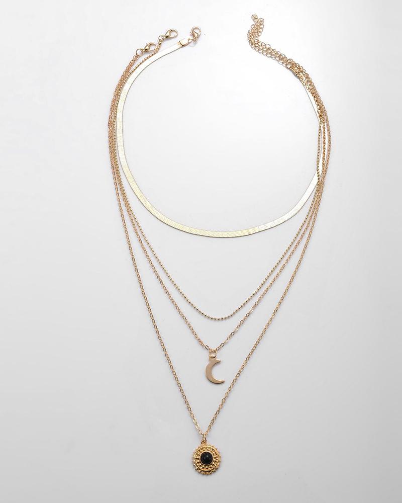 

Moon Sun Pendant Multi Layered Necklace, Gold