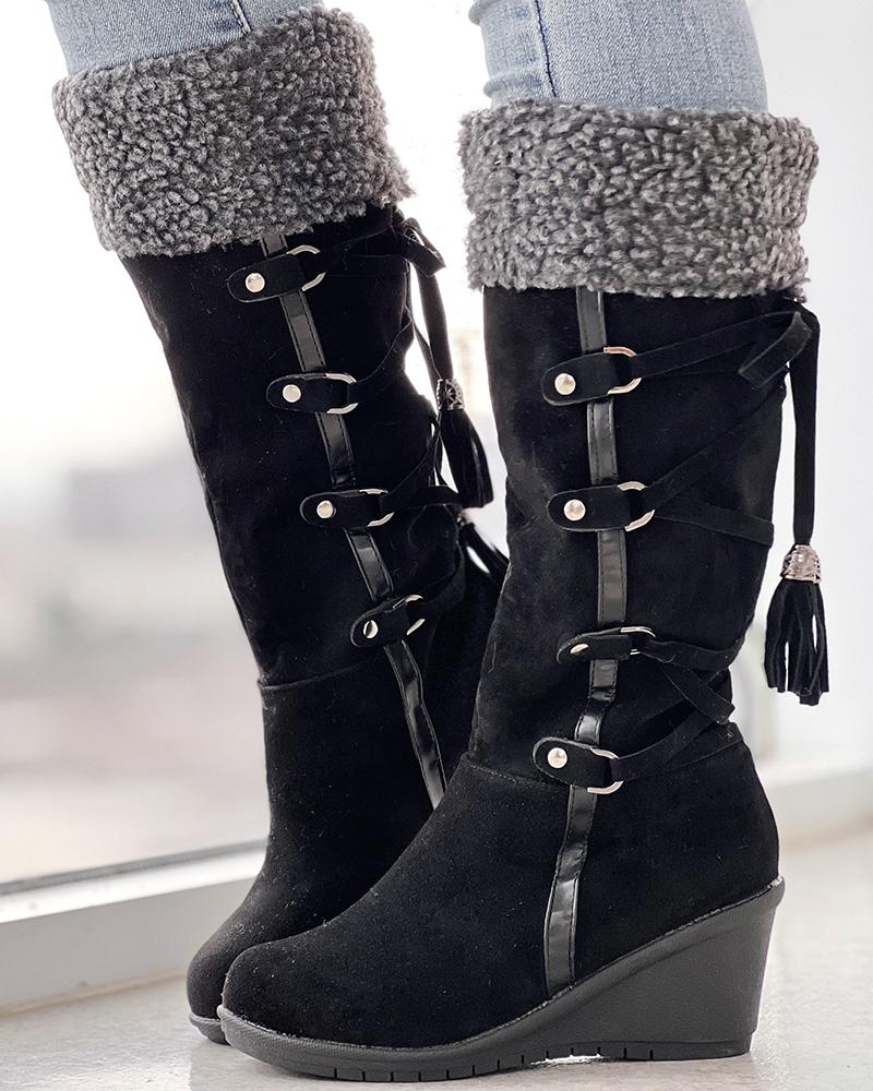 

Fuzzy Detail Lace-up Tassel Design Wedge Calf Boots, Black