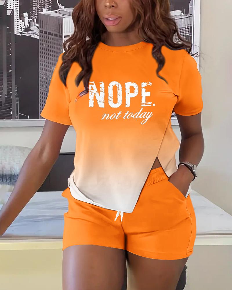 

Ombre Nope Not Today Print Slit Top & Drawstring Shorts Set, Orange