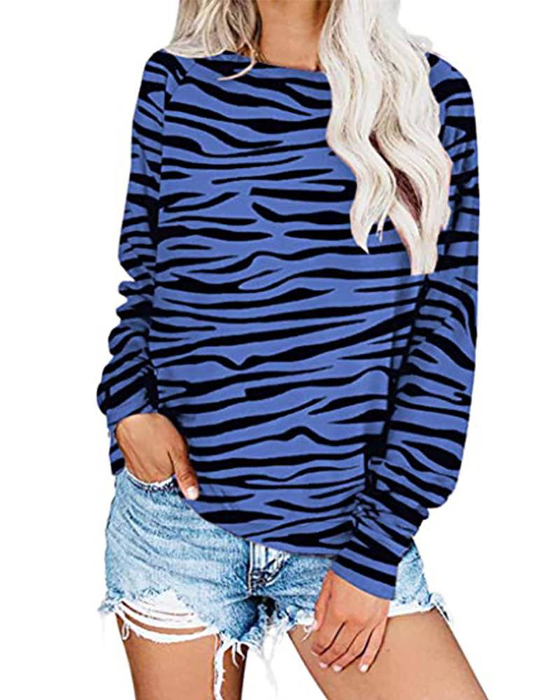 

Zebra Stripe Pattern Print Long Sleeve Casual Top, Blue