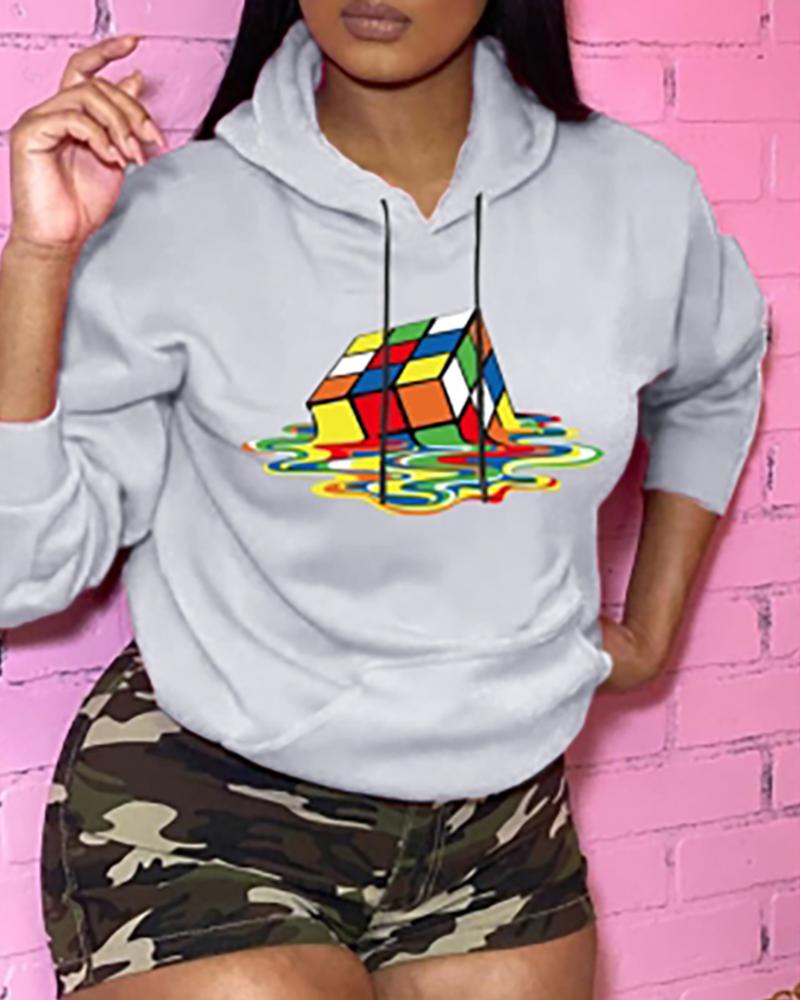 

Cartoon Cube Print Pocket Design Casual Hoodie, Gray