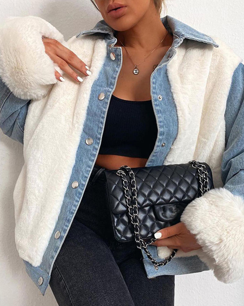 

Denim Patch Snap Button Fuzzy Coat, White
