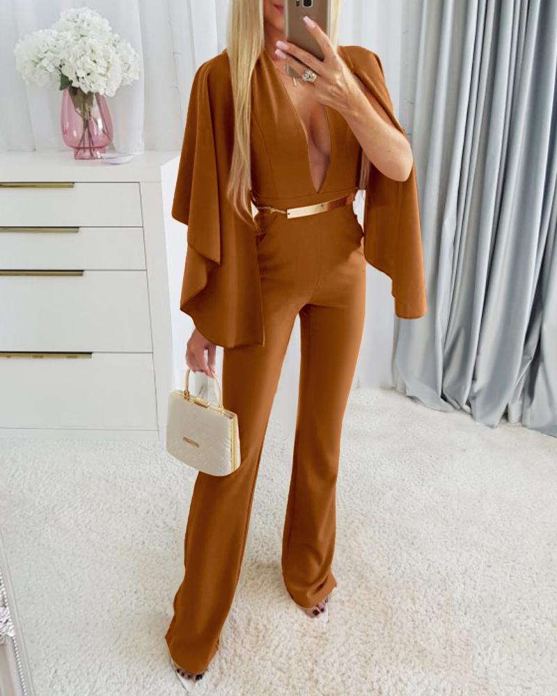 

Combinaison sexy à manches irrégulières et décolletées, longue, avec fermeture éclair et ceinture, Khaki