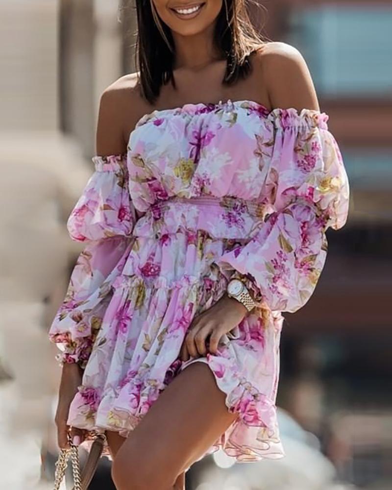 

Floral Print Off Shoulder Frill Hem Dress, Multicolor