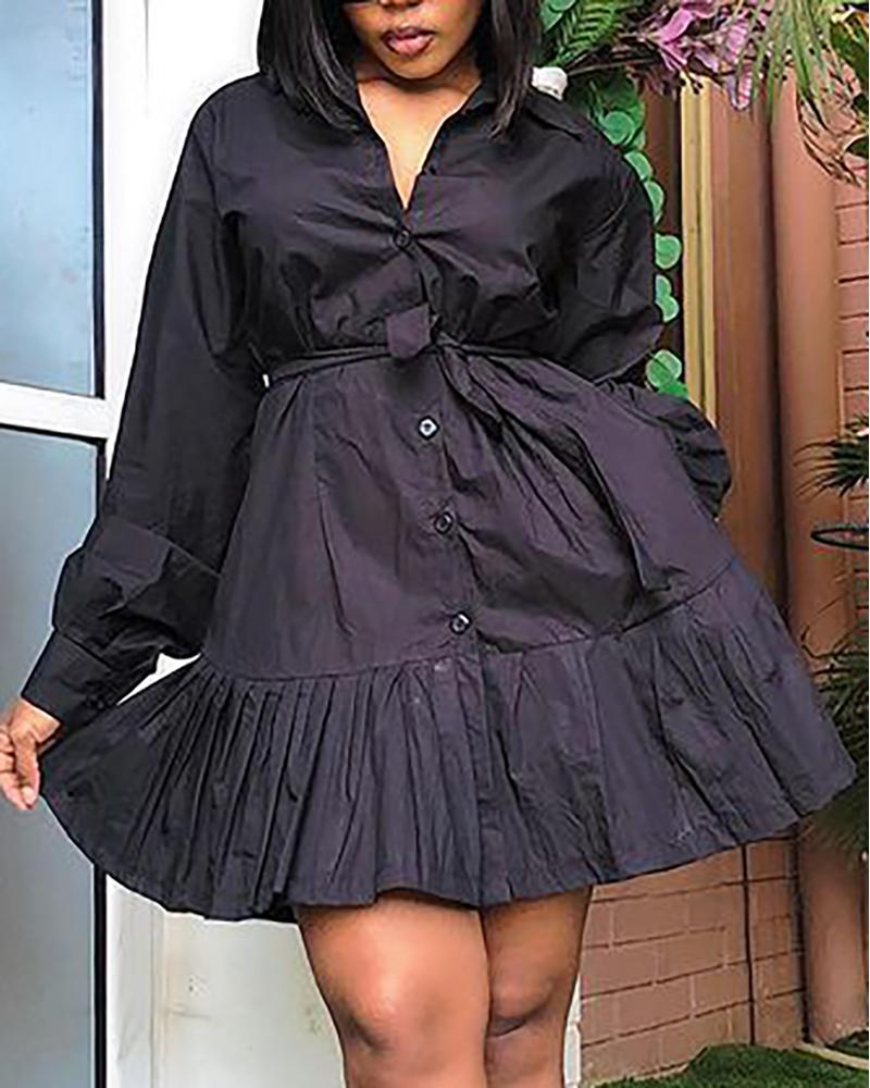

Buttoned Pocket Design Pleated Shirt Dress With Belt, Black