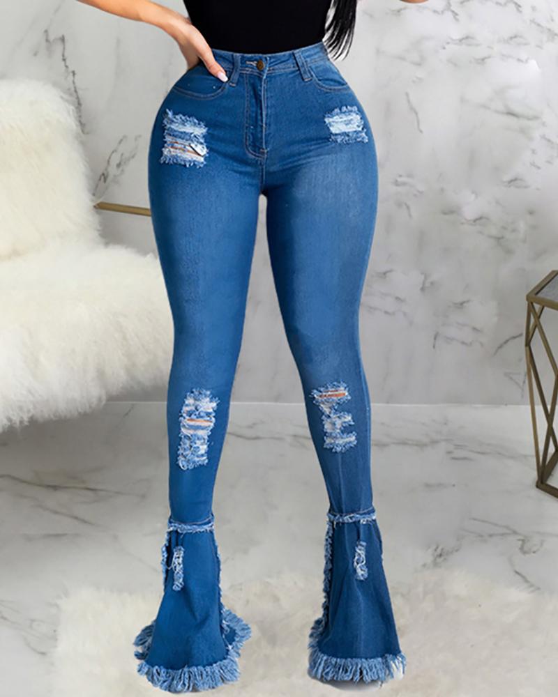 

Ripped Cutout Fringe Hem Bootcut Jeans, Blue