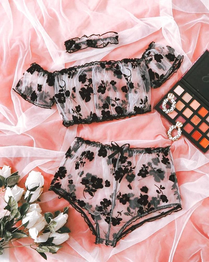 

Floral Flocked Sheer Mesh Lingerie Set, Black