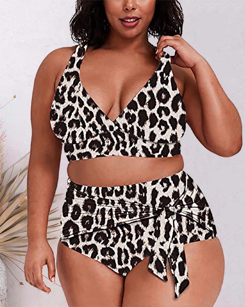 

Plus Size Leopard Print Tied Detail High Waist Bikini Set