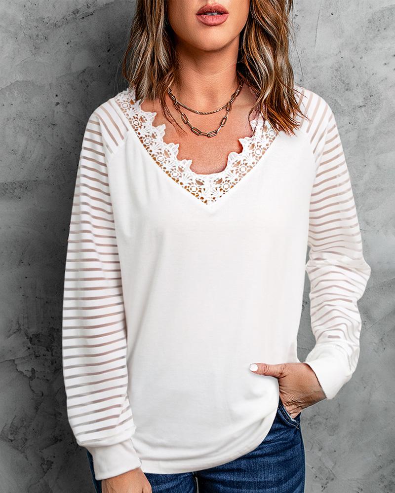 

Lantern Sleeve Striped Print Lace Trim Top, White