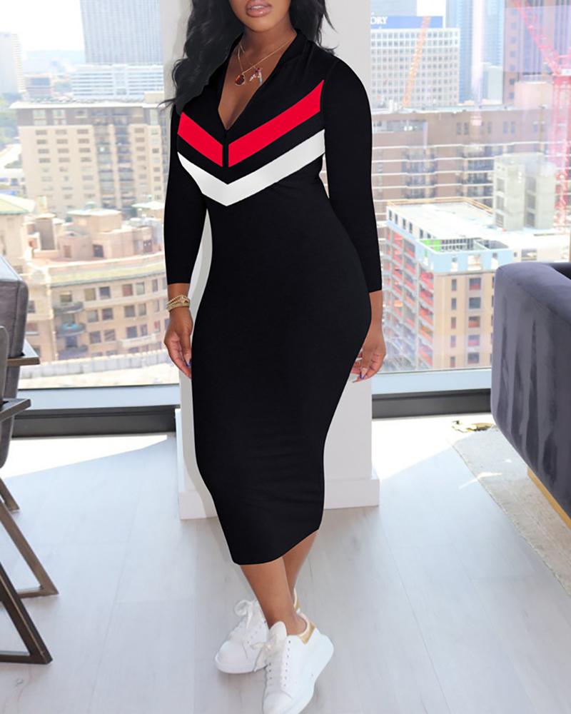 

Zipper Design Colorblock Long Sleeve Casual Dress, Black