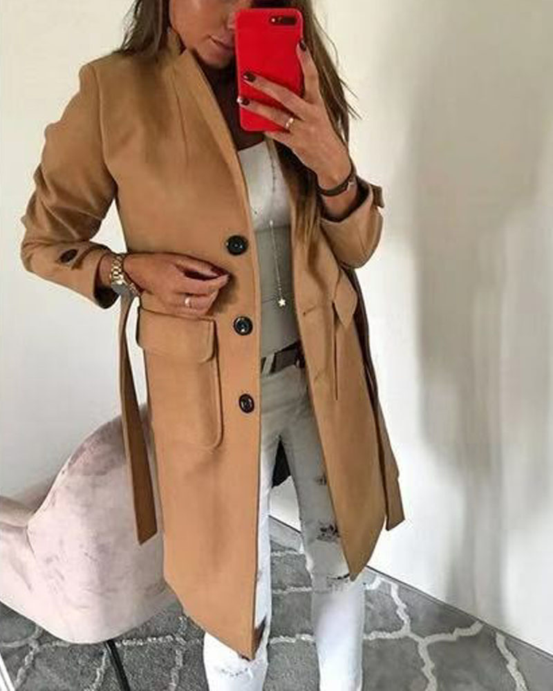 

Long Sleeve Single Breasted Flap Pocket Belted Trench Coat, Brown