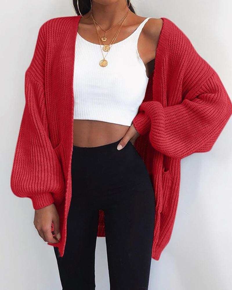 

Knit Lantern Sleeve Casual Cardigan, Red